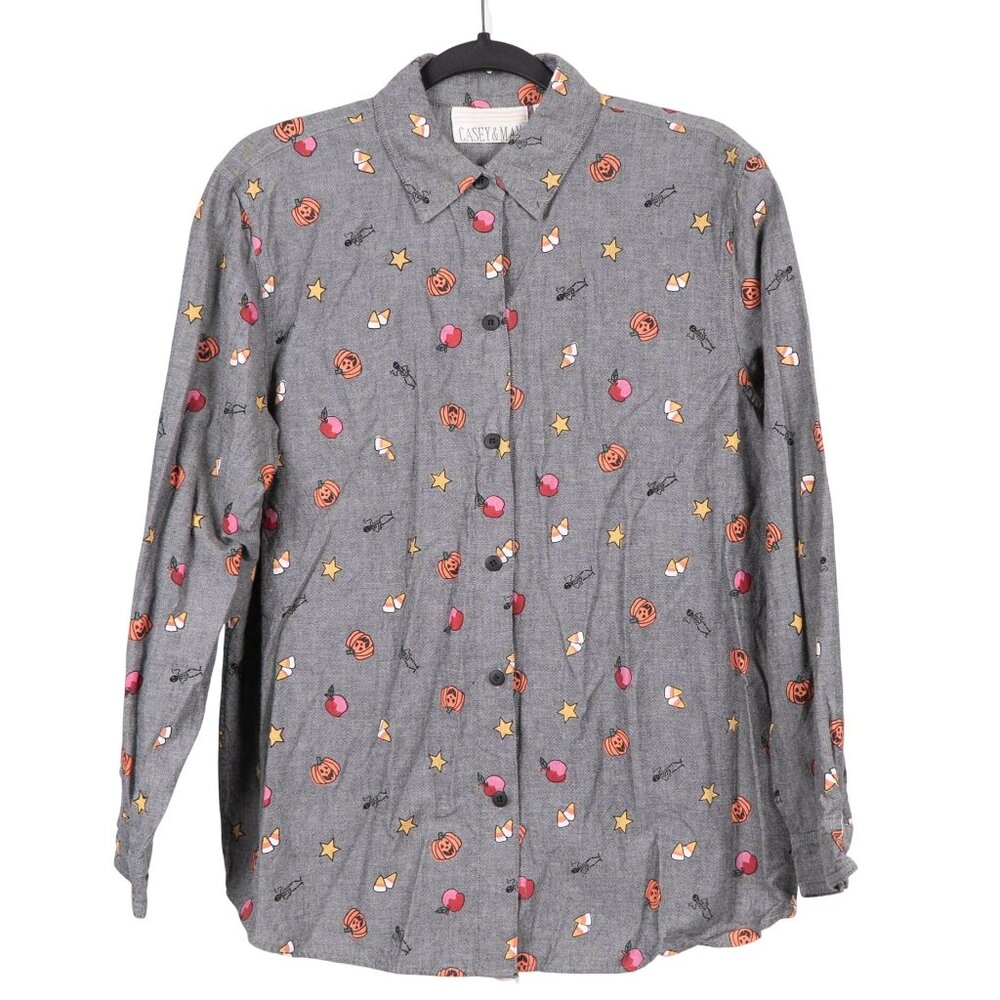 Casey & Max Halloween Button Up Shirt M Womens Gray Pumpkin Candy Corn Skeleton